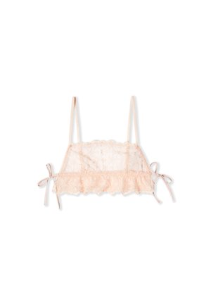 Zartes rosa Spitzen-Bralette mit floraler Stickerei, dünnen verstellbaren Trägern und Seitenschnürungen, auf weißem Hintergrund dargestellt.
