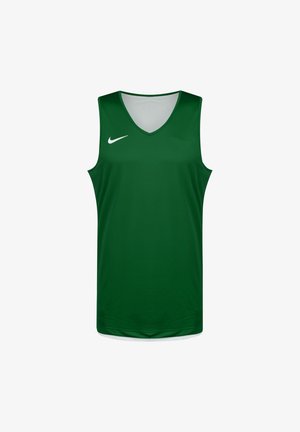 Canotta sportiva verde senza maniche realizzata in tessuto traspirante, con un design a V e un piccolo logo Nike bianco sulla parte superiore sinistra.