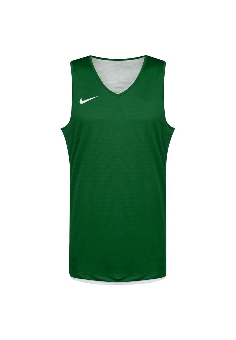 Canotta sportiva verde senza maniche realizzata in tessuto traspirante, con un design a V e un piccolo logo Nike bianco sulla parte superiore sinistra.