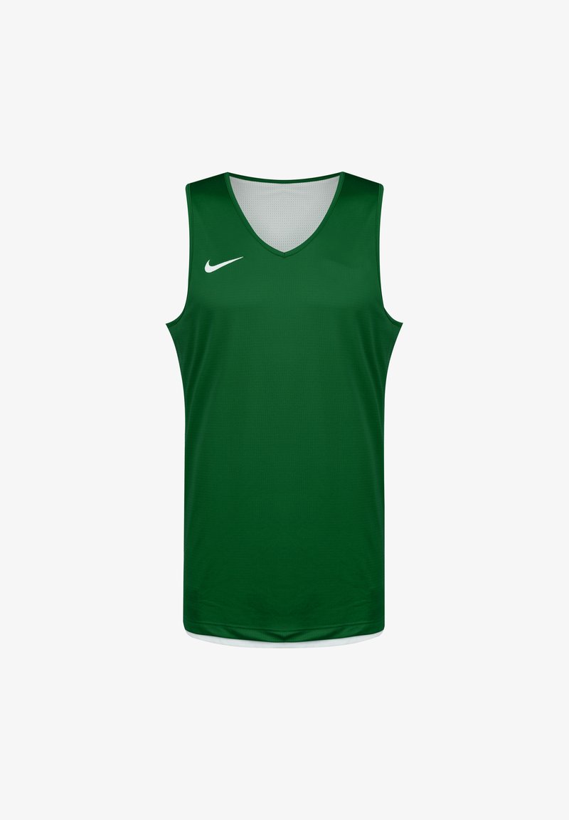 Canotta sportiva verde senza maniche realizzata in tessuto traspirante, con un design a V e un piccolo logo Nike bianco sulla parte superiore sinistra.