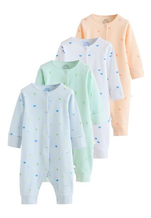 Vier gerippte Baby-Strampler mit langen Ärmeln in Pastellblau, Grün, Weiß und Pfirsich mit kleinen Tier- und Pflanzenmotiven, vorne mit Druckknöpfen, aufrecht stehend gezeigt.