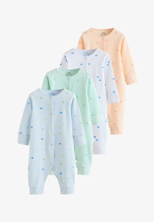 Vier geribde babyrompers met lange mouwen in pastelblauw, groen, wit en perzik met kleine dieren- en plantenprints, vooraan met drukknoopsluitingen, rechtopstaand afgebeeld.