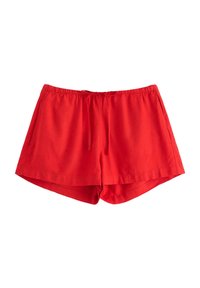 Röda bomullsshorts med elastisk midja, dragkedjedetalj och sidofickor; slät textur och avslappnad design.