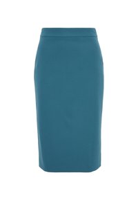 Tealfärgad kjol i en slät tygkvalitet, med en figurnära passform och en ren midja utan synliga knäppningar eller fickor.
