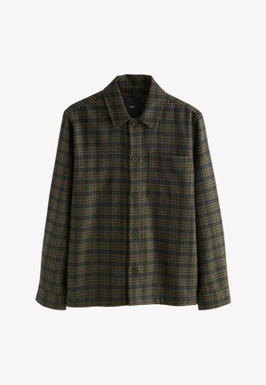 Herrens knappade overshirt i grön, brun och marinblå rutmönster med en enskild bröstficka.