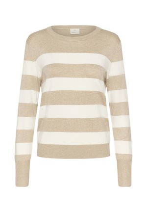 Beige and white striped sweater, featuring long sleeves, ribbed cuffs and hem, crew neckline, made from soft knit material.