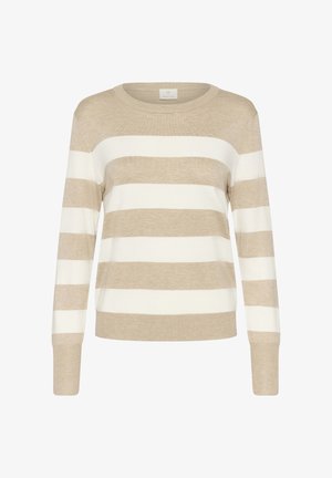 Beige and white striped sweater, featuring long sleeves, ribbed cuffs and hem, crew neckline, made from soft knit material.