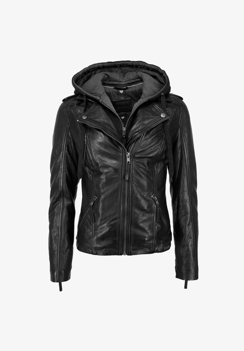 Schwarze Lederjacke mit Kapuze, asymmetrischem Reißverschluss, seitlichen Reißverschlusstaschen und strukturierten Details an den Ärmeln. Innenfutter in Grau.