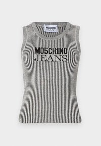 Ermeløs ribbestrikket topp i sølv og svart med "MOSCHINO JEANS"-logo. Har rund hals og en tettsittende fasong, laget av et teksturert stoff.