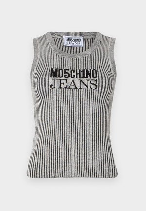 Débardeur sans manches rayé en argent et noir avec le logo "MOSCHINO JEANS". Présente un col rond et une coupe ajustée, fabriqué en tissu texturé.