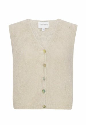 Gilet sans manches tricoté couleur crème avec col en V et cinq boutons dépareillés sur le devant, taille moyenne, marque American Dreams.