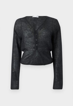Svart, strikket cardigan med V-hals, lange ermer og kort passform. Har knappelukking og et teksturert stoff med en subtil glans.