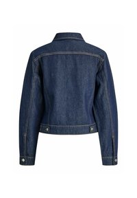 Džinsinis švarkas, tamsiai mėlynas, prigludęs dizainas, smailus apykaklė, ilgomis rankovėmis, vienas nugara juosmuo, sidabriniai mygtukai ant rankogalių ir apatinio krašto.