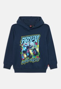 Felpa con cappuccio blu navy con una grafica "Monster Truck Madness" in colori vivaci, con un grande camion e accenti brillanti. Materiale in cotone.