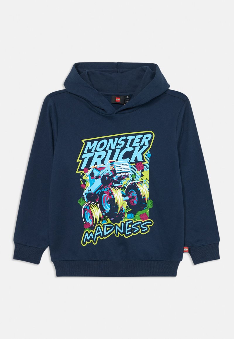 Sweatshirt com capuz azul-marinho, apresentando um gráfico "Monster Truck Madness" em cores vivas, com um grande camião e acentos vibrantes. Material de algodão.