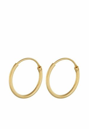 Par af små, glatte, guld øreringe med hængslet lukning på en hvid baggrund.