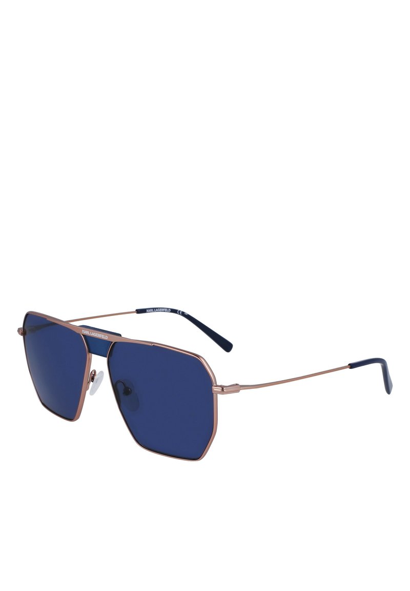 Occhiali da sole quadrati con lenti blu e una sottile montatura in metallo rosa oro. Presentano naselli regolabili e tempie con dettagli blu.