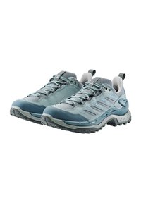 Scarpe da trekking blu-grigio in materiali mesh e suede, con suola robusta, punta rinforzata e design con lacci per una vestibilità sicura.