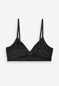 Čierny bralet vyrobený z jemného materiálu. Má trojuholníkový tvar, nastaviteľné ramienka a stredovú mašľu. Hladká textúra, minimalistický dizajn.