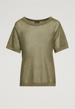 Olive green mesh t-shirt with short sleeves, a round neckline, and a loose fit. Features a textured pattern and metallic sheen.