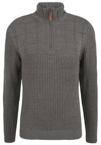 Gestrickter grauer Pullover mit einem Viertelreißverschluss-Kragen, der strukturierte Muster und einen gerippten Saum aufweist. Hergestellt aus weichem, warmem Material.