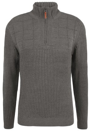 Szary sweter dzianinowy z kołnierzem na ćwierć suwak, z fakturowymi wzorami i prążkowanym dołem. Wykonany z miękkiego, ciepłego materiału.