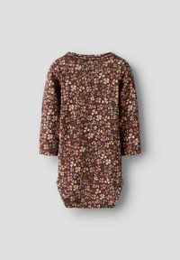 Bodies pour bébé à manches longues avec une base brun et un petit motif floral multicolore, présenté de dos sur fond gris clair.