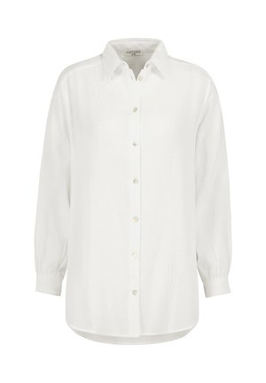 White long-sleeve button-up shirt with collar and cuffed sleeves, made from lightweight fabric in a relaxed fit.