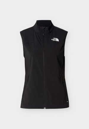 Musta hihaton liivi, valmistettu pehmeästä ja joustavasta materiaalista; siinä on korkea kaulus, etuvetoketju ja kaksi sivutaskua vetoketjuilla; vasemmassa rinnassa logo.