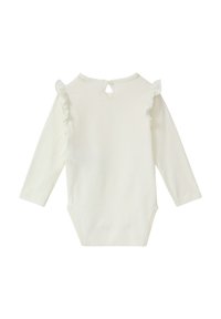 Biały niemowlęcy body z długim rękawem, ozdobione falbankami na ramionach oraz zapięciem przy szyi w formie kluczyka. Wykonane z miękkiej bawełnianej tkaniny.