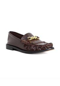 Brown leather loafers with a textured finish, featuring decorative gold hardware and a pleated vamp. Black rubber sole. Classic design.