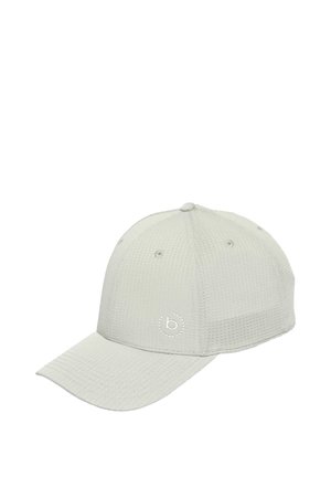 Light gray textured baseball cap with curved brim and small circular logo on front panel against white background.