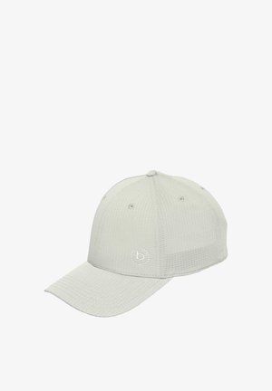 Light gray textured baseball cap with curved brim and small circular logo on front panel against white background.