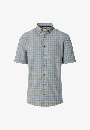 Koszula z krótkim rękawem, zapinana na guziki, w jasny zielono-niebieski wzór w kratę. Posiada jedną kieszeń na piersi i granatowe guziki. Wykonana z mieszanki bawełny.