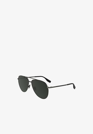 Pilotensonnenbrille mit dunkelgrauen Gläsern, metallisch schwarzem Rahmen, schlankem Design und Kunststoffenden an den Bügeln für mehr Komfort.