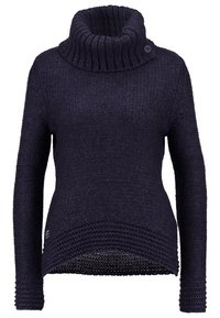 Marineblau gestrickter Pullover mit hohem, geripptem Kragen, langen Ärmeln und strukturierter Oberflächenbeschaffenheit. Verfügt über einen schrägen Saum und zwei Knöpfe am Kragen.