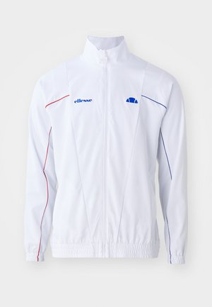 Weißer Zip-up-Jacke mit blauen und roten Akzentlinien. Verfügt über elastische Bündchen, Stehkragen und Logo auf der linken Brust. Glatte Textur.