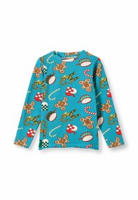 Turkiozinių ilgų rankovių marškiniai su mielų kalėdinių meduolių, saldainių lazdelės ir būgnų raštu, pagaminti iš minkštos medžiagos su apvaliu iškirpimu.