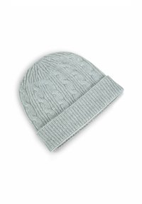 Berretto in maglia a treccia di un morbido grigio chiaro con bordo a costine piegato. Presenta motivi testurizzati su tutta la superficie. Realizzato in materiale caldo.
