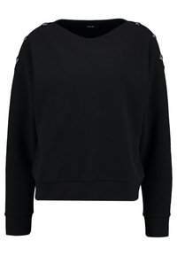 Svart sweatshirt med v-ringning, ribbstickade ärmslut och avslappnad passform. Har dekorativa knappar på axlarna och texturerat tyg.