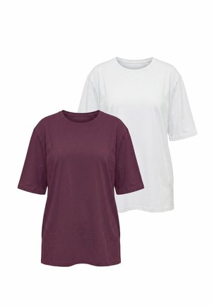 Dos camisetas lisas de manga corta con cuello redondo, una morado oscuro delante y otra blanca detrás, mostradas sobre un fondo blanco.