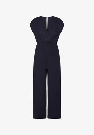 Marineblauwe damesbroek met wijde pijpen, capmouwen, diepe V-hals en een getailleerde taille.