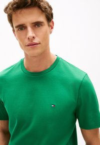 Jaunas vyras su trumpais garbanotais plaukais, dėvintis žalią, apvalia iškirpte T-marškinėlį su mažu raudonos, baltos ir mėlynos spalvos logotipu ant krūtinės.