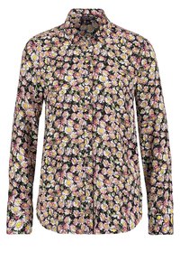 Camisetta floreale a maniche lunghe con sfondo nero, caratterizzata da margherite rosa e bianche. Chiusura frontale con bottoni e design del collo classico.