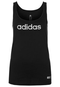 Canotta nera in cotone con scollatura rotonda. Presenta un logo "adidas" argentato sul davanti e una piccola etichetta argentata all'orlo.