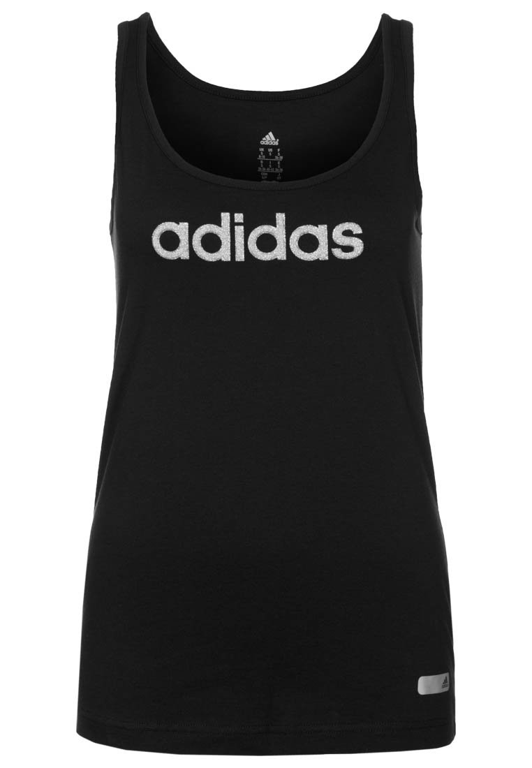 Canotta nera in cotone con scollatura rotonda. Presenta un logo "adidas" argentato sul davanti e una piccola etichetta argentata all'orlo.