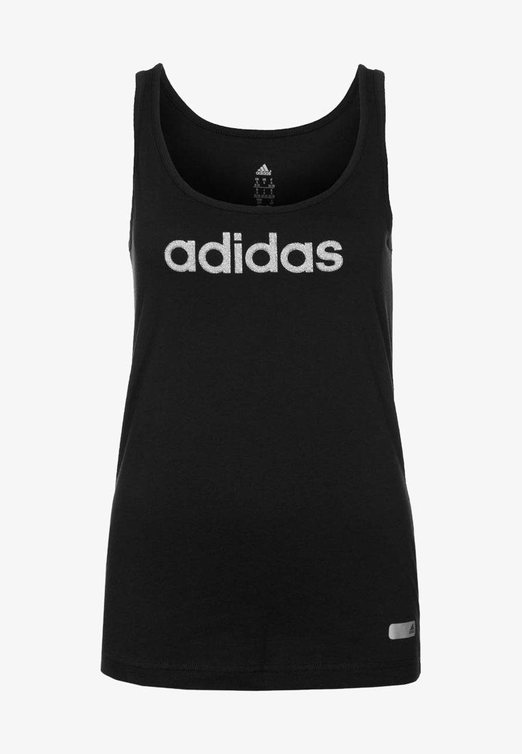 Canotta nera in cotone con scollatura rotonda. Presenta un logo "adidas" argentato sul davanti e una piccola etichetta argentata all'orlo.