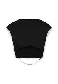 Top corto nero con maniche ampie, tessuto morbido, orlo arrotondato e accentuazione in catena argentata lungo il bordo inferiore. Design minimalista.