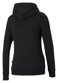 Felpa nera con cappuccio realizzata in tessuto morbido, con cappuccio, maniche lunghe e polsini a costine. Design semplice senza motivi o accenti visibili.