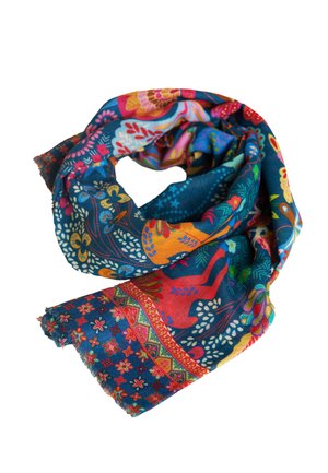 Vibrant scarf with multicolored floral and abstract patterns on a dark blue background, folded loosely with frayed edges.